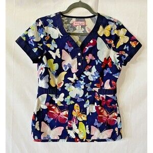 Koi by Kathy Peterson Scrub Top XS Butterfly Print Medical Nurse